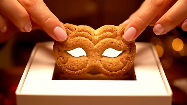 Close up of cookie held opening gift box or Close up of baked mask being held above box