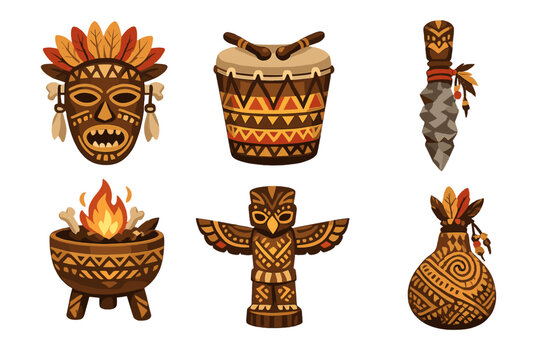 Ceremonial cultural artifacts showcasing tribal motifs and scarification patterns