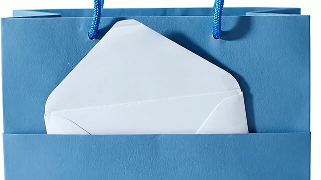 Close up of envelope inside gift bag or Macro of envelope in a blue bag