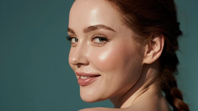 Close-Up Portrait of Redhead Woman with Shiny Skin and Glittery Accents Against Teal Background. Beauty Shot For