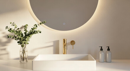 Bright bathroom interior featuring a square sink, golden faucet, eucalyptus in a vase, and soap dispensers, representing modern style and hygiene