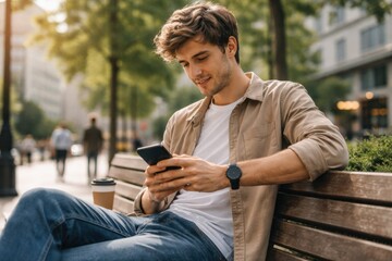 Obraz premium Man sitting on a bench, using his smartphone in a sunny urban setting.