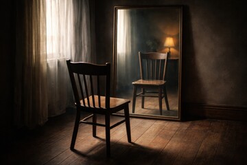 Empty Chair Facing a Mirror in a Dimly Lit Room Showcasing Reflections and Shadows in Late Afternoon Light