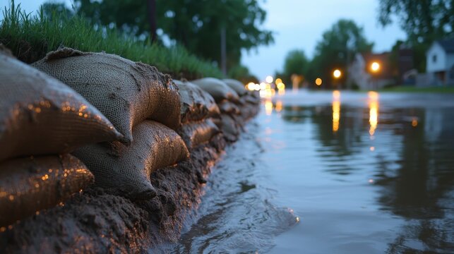 Sandbags form temporary barriers against rising floodwaters at dusk