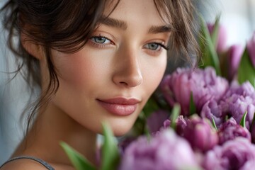 Naklejka premium Closeup of a woman with a bouquet of purple tulips