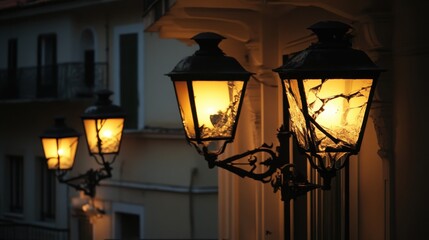 Old street lamps with broken glass emit a warm yellow glow at night on a building facade