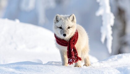 Naklejka premium Adorable Arctic Fox Posing in Snowy Landscape with Red Scarf.