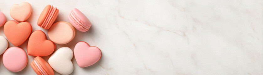 Fototapeta premium Heart shaped macaron pink macaron orange macaron white macaron pastel color dessert sweet treat Valentine Day dessert romantic dessert minimal style marble background
