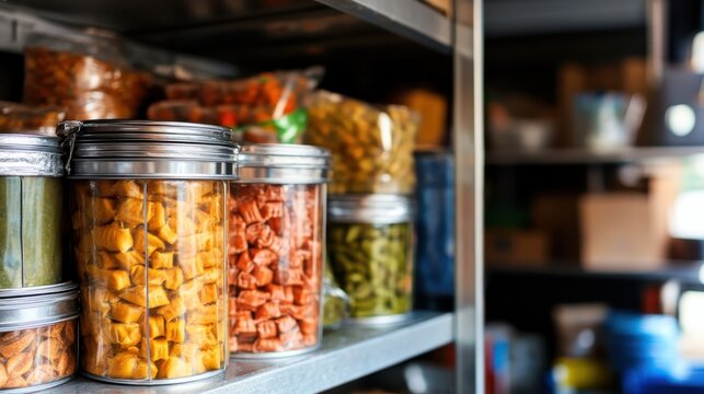 Sealed jars containing dried food rations stored neatly on a shelf in a pantry for preservation