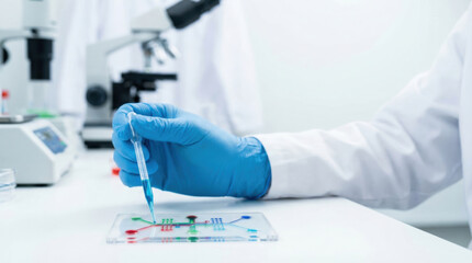Fototapeta premium Focused scientist hand conducting nanotechnology research experiment in white laboratory