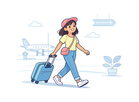Smiling girl walking with suitcase at airport, flat vector illustration
