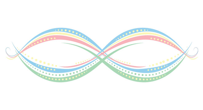 Abstract colorful ribbon design flows across the center forming a decorative infinity shape element