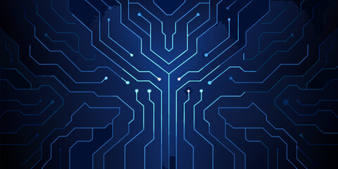 Abstract blue circuit board pattern with glowing lines and connection points © Lalin