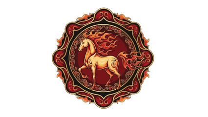 Fototapeta premium A vector illustration of a fire horse design for Chinese New Year, featuring a horse surrounded by flames within a red envelope icon on a white background.
