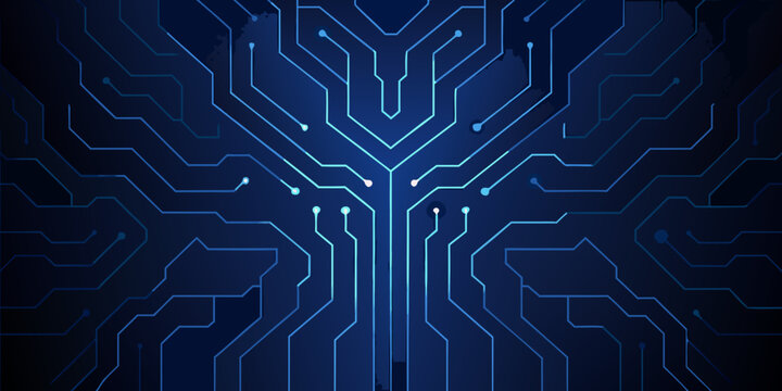 Abstract blue circuit board pattern with glowing lines and connection points