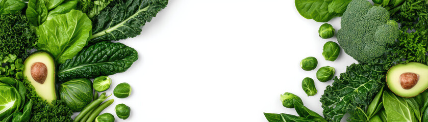 Obraz premium Green vegetable assortment with avocado and broccoli on white background, fresh healthy food arrangement for vegan diet and clean eating lifestyle