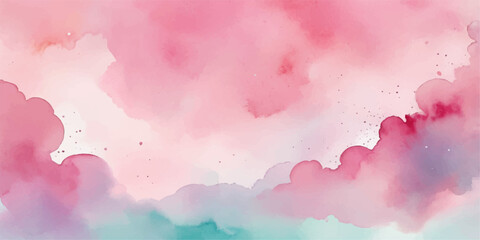 Obraz premium An abstract pink and blue watercolor background features a bright summer sky with soft white clouds and beautiful sunlight across a clear nature landscape