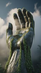 A large stone hand covered in green moss and ivy against a cloudy sky