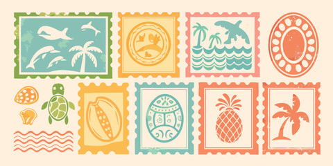 A collection of vintage style postage stamps with tropical themes