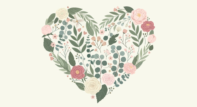 Floral Heart Shape with Leaves and Flowers.