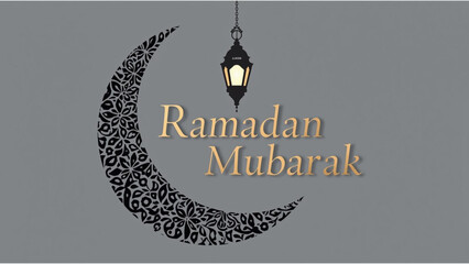 Ramadan Mubarak greeting with crescent moon and lantern
