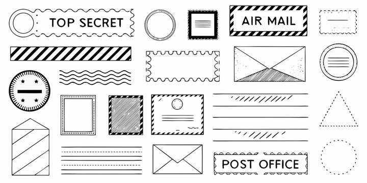 Collection of black and white postal stamps seals and envelope designs