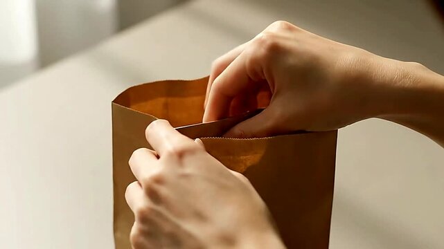 Close up of hands putting paper in paperbag on table indoors | Close up of hands opening paperbag on table indoors