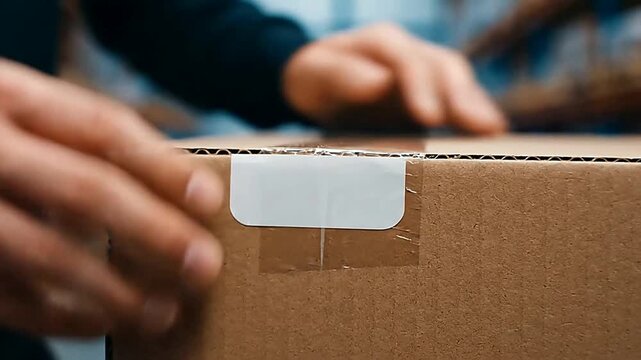 Close up of hand sealing cardboard box in a room or Close up of hand touching box surface in a room