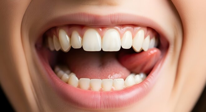 Close-up of a person's open mouth with healthy white teeth and a pink tongue.