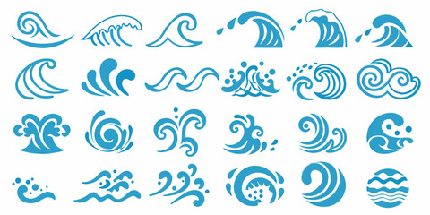 Collection of stylized blue wave and water swirl designs arranged in rows