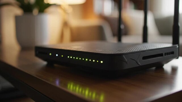 Close-up of a modern Wi-Fi router on a wooden surface in a home environment