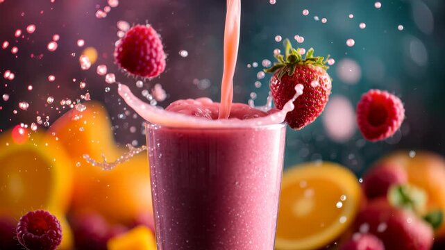 Smoothie splash with strawberry and raspberry pouring for fresh healthy berry juice. This liquid drink concept shows dynamic motion and organic nutrition for a vibrant lifestyle and refreshment.