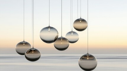Delicate blown glass orbs in various sizes and translucent tones hang suspended creating elegant modern lighting