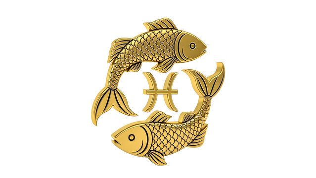 Golden pisces zodiac sign with two fish symbol isolated on transparent background