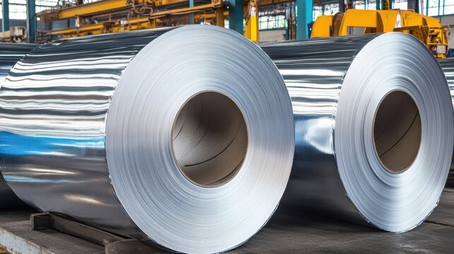 Large rolls of shiny metallic sheet metal stored in a factory warehouse