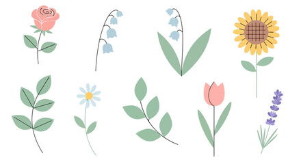 Naklejka premium Delicate garden flowers and botanical leaves in soft pastel tones.