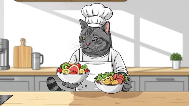 Cartoon cat chef holding fresh salad bowls in kitchen