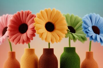 Colorful flowers in vases on display with soft background lighting in a bright room setting