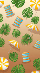 Obraz premium Illustration of tropical leaves, striped umbrella and stacked biscuit with blue filling. Represents summer vacation, relaxation and refreshing snack