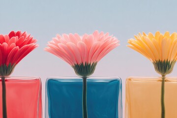 Three colorful flowers in glass vases with a clear blue sky in the background during daytime