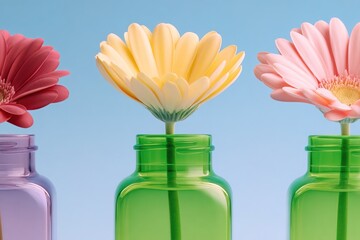 Three colorful flowers in bottles displayed against a simple blue background during daylight