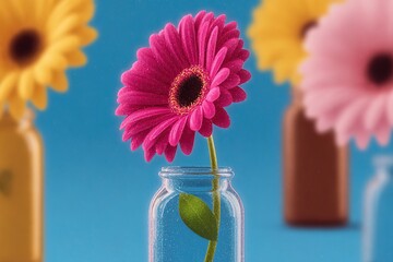 Vibrant flower in a glass bottle with colorful background and simple set up