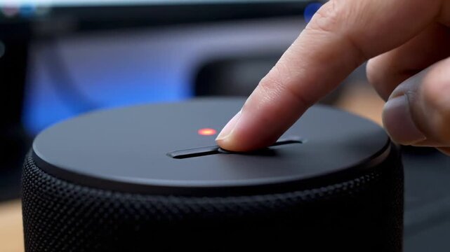 A close-up video shows a person pressing a button on the top of a black smart speaker/voice assistant device, immediately triggering a red indicator light, signaling that the device's microphone is m