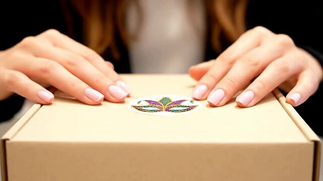 Close up of hands placing a mask sticker on a box or Close up of hands touching a sticker on a box