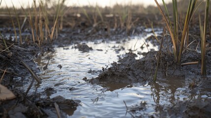 Rippling surface of muddy floodwater with distorted reflections of faint vegetation and sky overhead