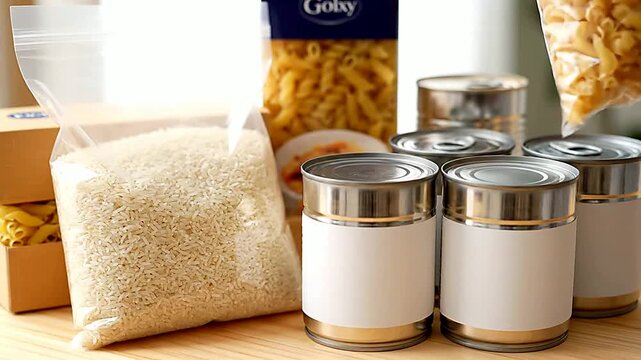 Close up of uncooked rice in bag sitting near canned goods on table top or Close up of various shelf stable goods sitting on table top