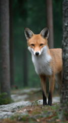 Fototapeta premium Red fox standing quietly in forest alert expression green background wild animal nature woodland fur mammal outdoors