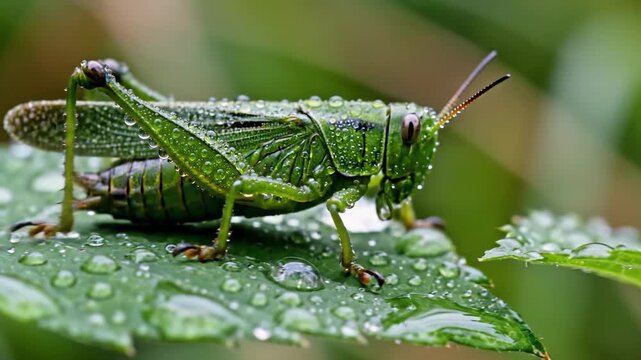 Green grasshopper with water droplets on leaf, macro shot, nature, wildlife