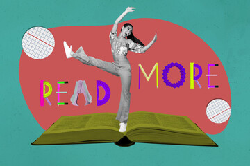 Naklejka premium Pop art full zine photo collage of happy girl guy run open book library academic education learner pencil ruler read more letters