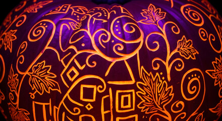 Detailed neon pumpkin with folk-art patterns and hyper-realistic textures for premium Halloween vibes.
